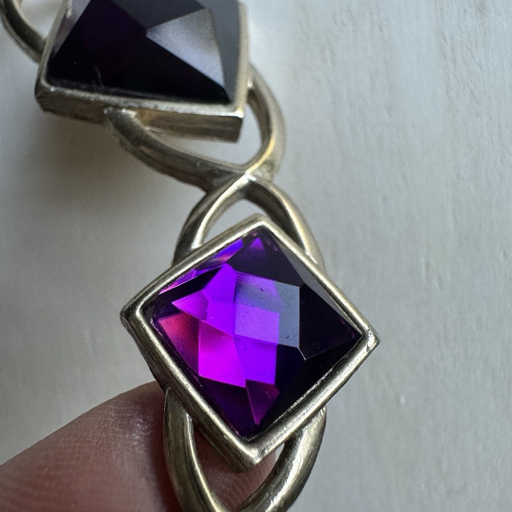 VTG Park Lane Accent Necklace 18 Inch Purple Square Facet Glass Bib Gold Signed - Picture 6 of 10